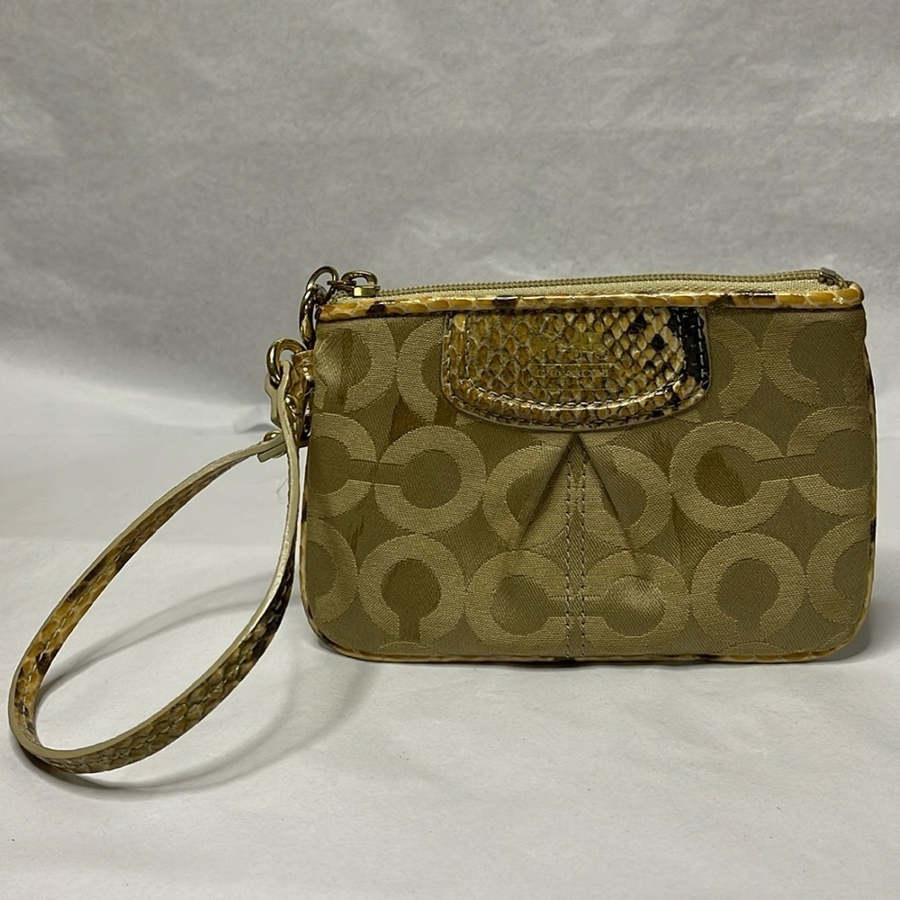 Coach Gold Tan Wristlet Clutch Signature  Canva Leather Purse